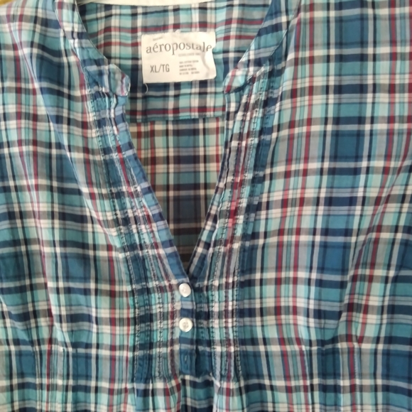 Aeropostale Blue Plaid Split Neck Cotton Top Size XL - Picture 2 of 5